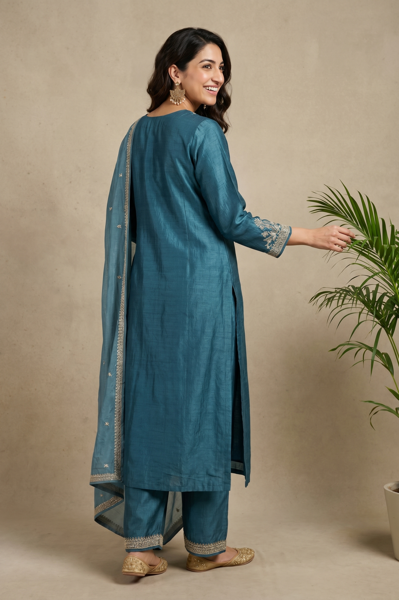 Teal Blue Raw Silk Embroidered Salwar Set