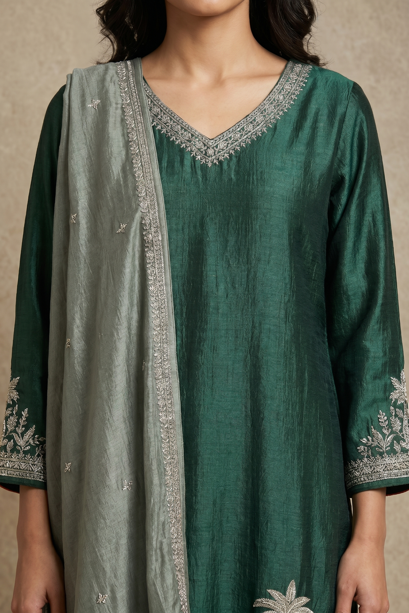Emerald Green Raw Silk Embroidered Salwar Set