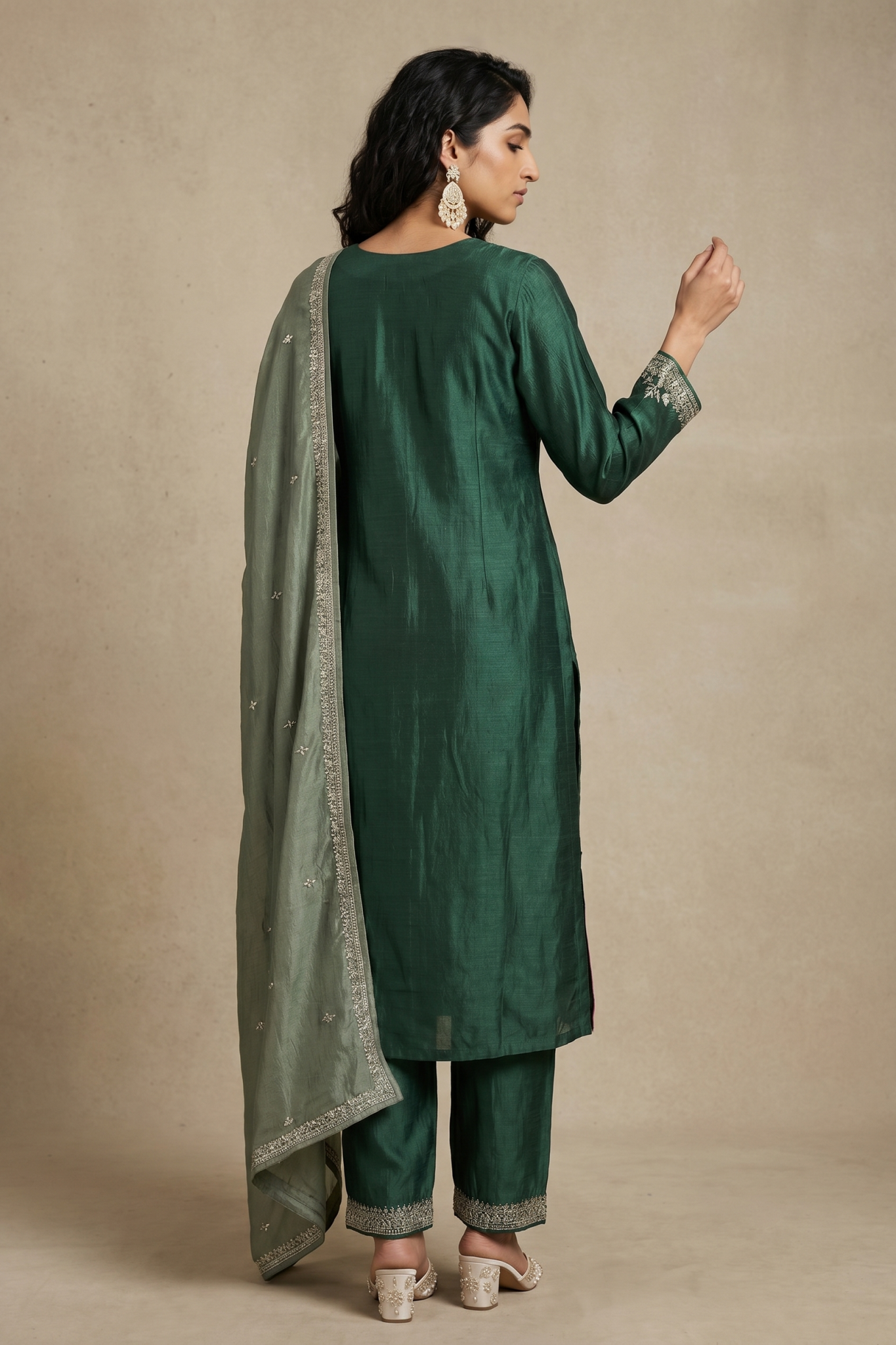 Emerald Green Raw Silk Embroidered Salwar Set