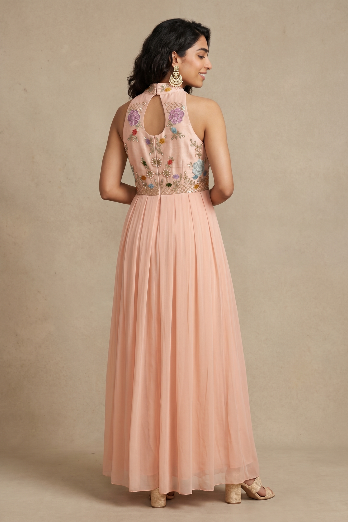 Peach Georgette Gown with Floral Thread & Applique Embroidery - Mokshaa