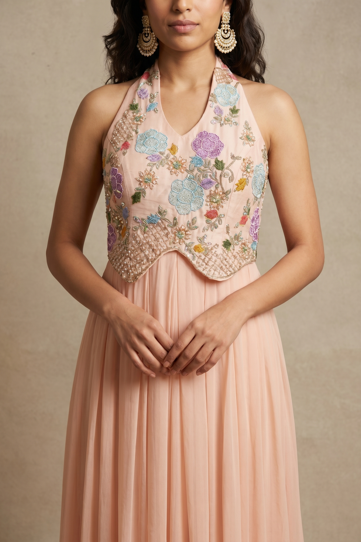 Peach Georgette Gown with Floral Thread & Applique Embroidery - Mokshaa