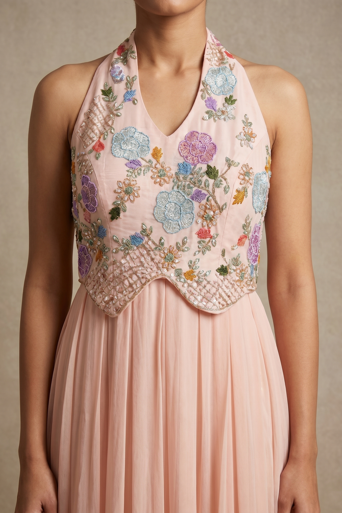 Peach Georgette Gown with Floral Thread & Applique Embroidery - Mokshaa
