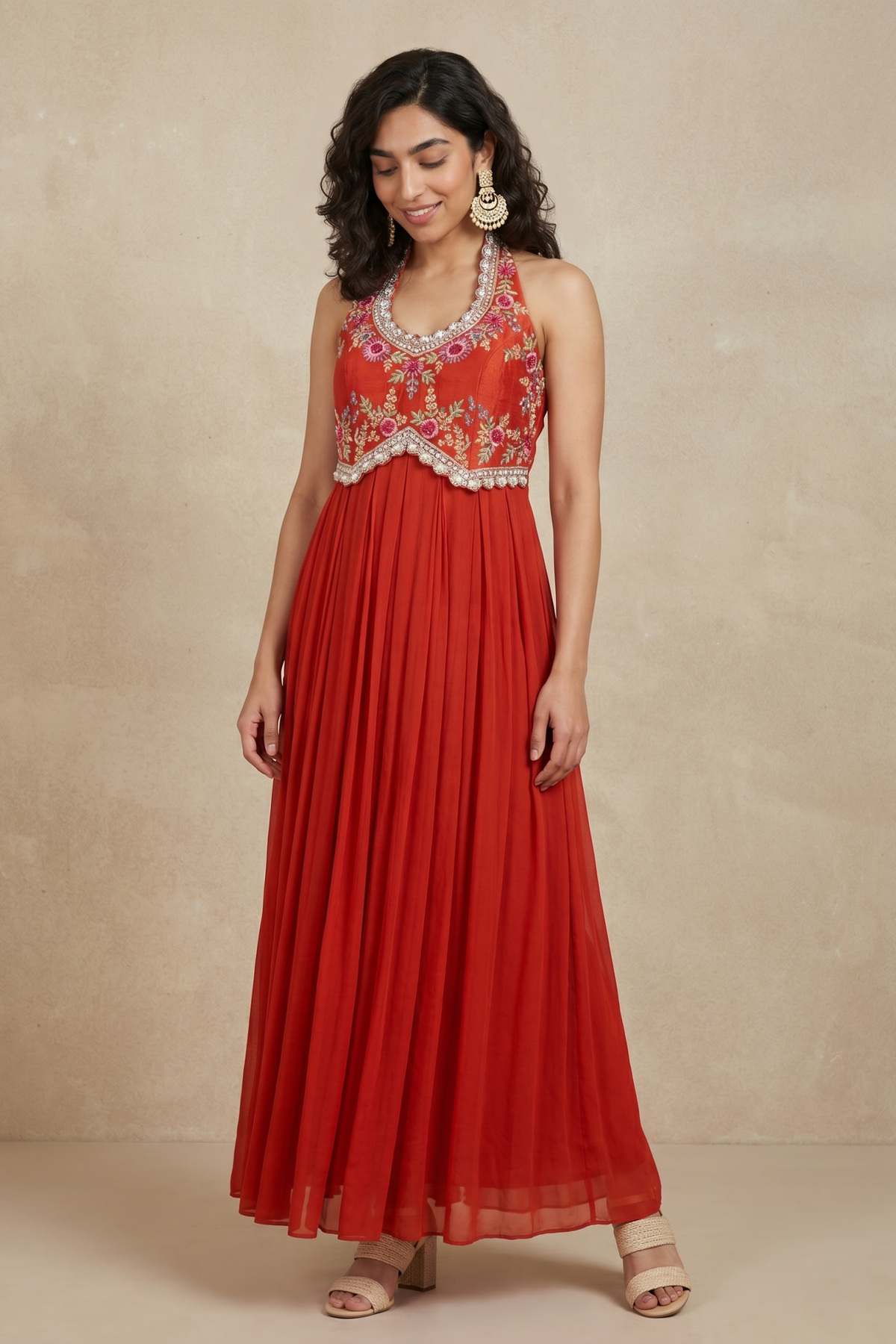 Rust Orange Georgette Gown with Floral Thread & Bead Embroidery - Mokshaa