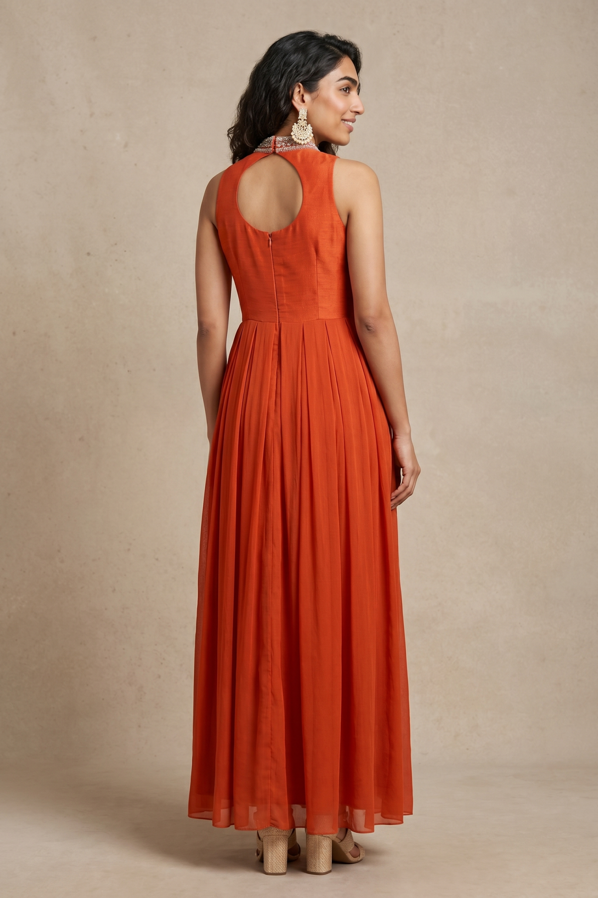 Rust Orange Georgette Gown with Floral Thread & Bead Embroidery - Mokshaa