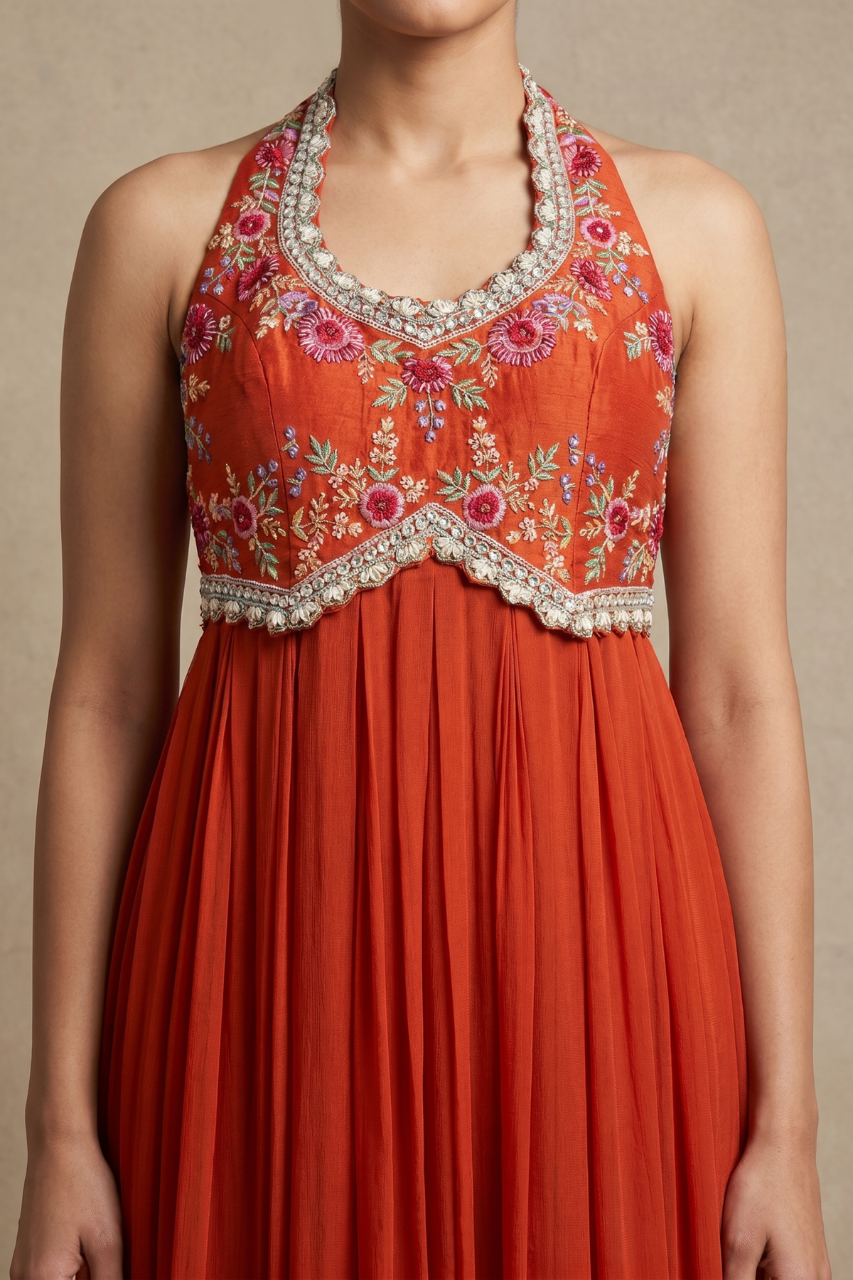 Rust Orange Georgette Gown with Floral Thread & Bead Embroidery - Mokshaa