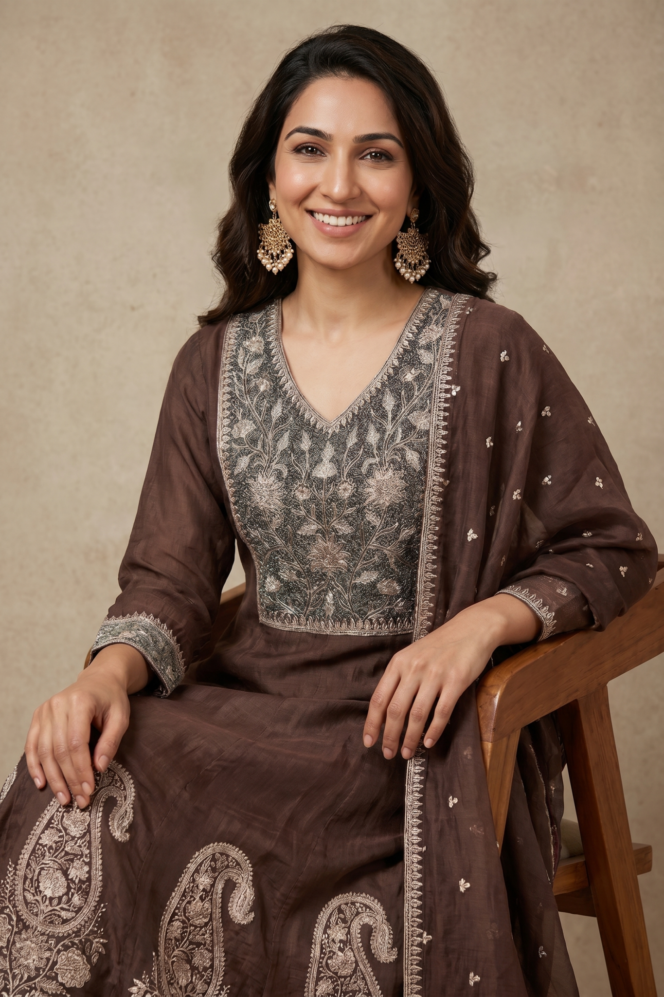 Brown Chanderi Cotton Embroidered Salwar Set