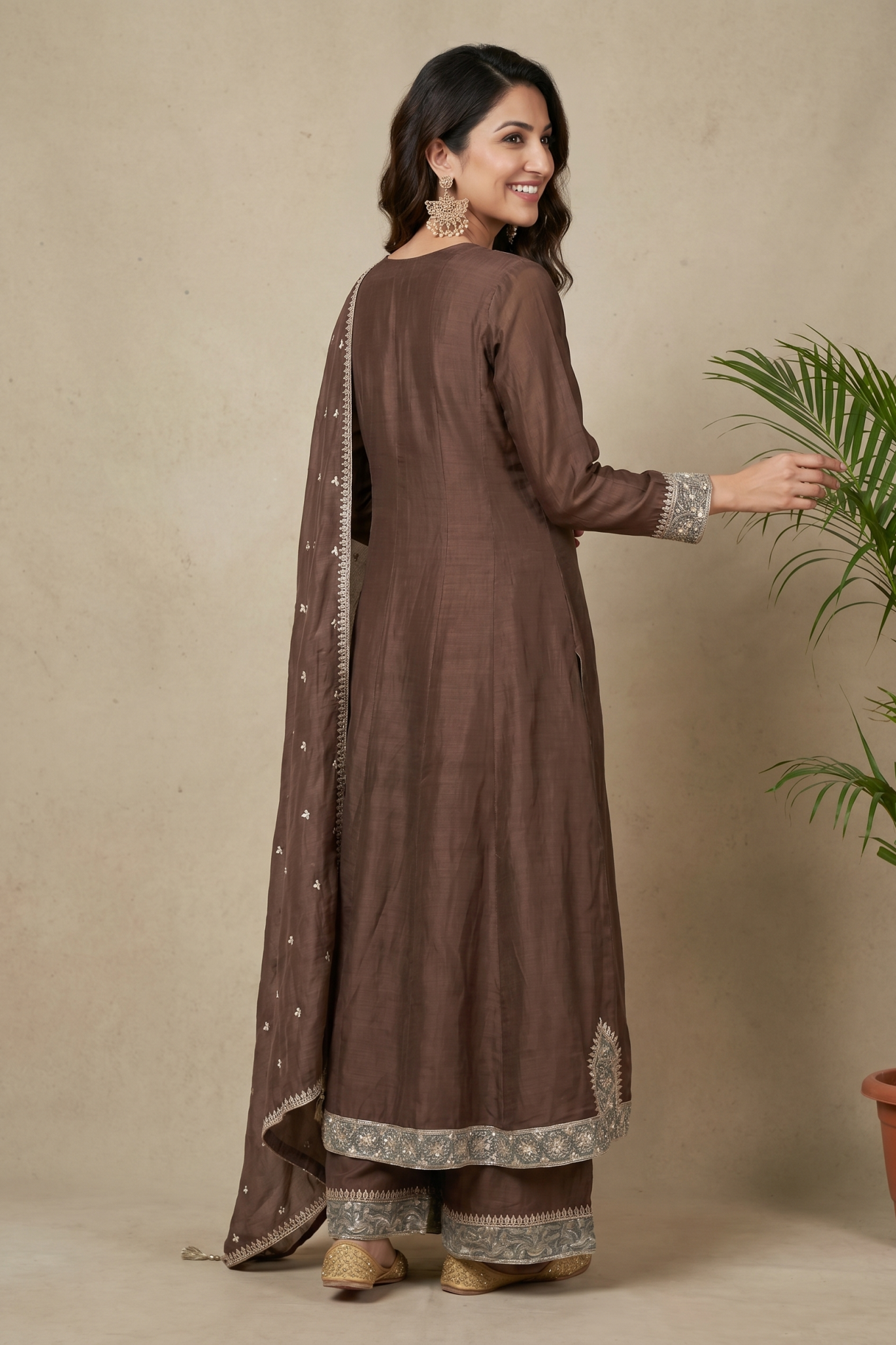 Brown Chanderi Cotton Embroidered Salwar Set