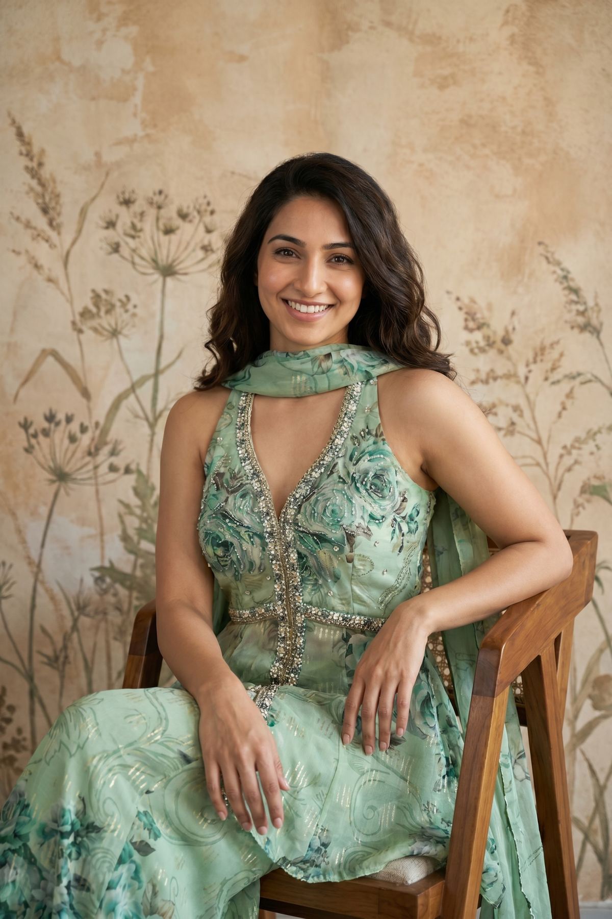 Mint Green Organza Peplum & Palazzo Set with Floral Print, Mirror & Kundan Work - Mokshaa