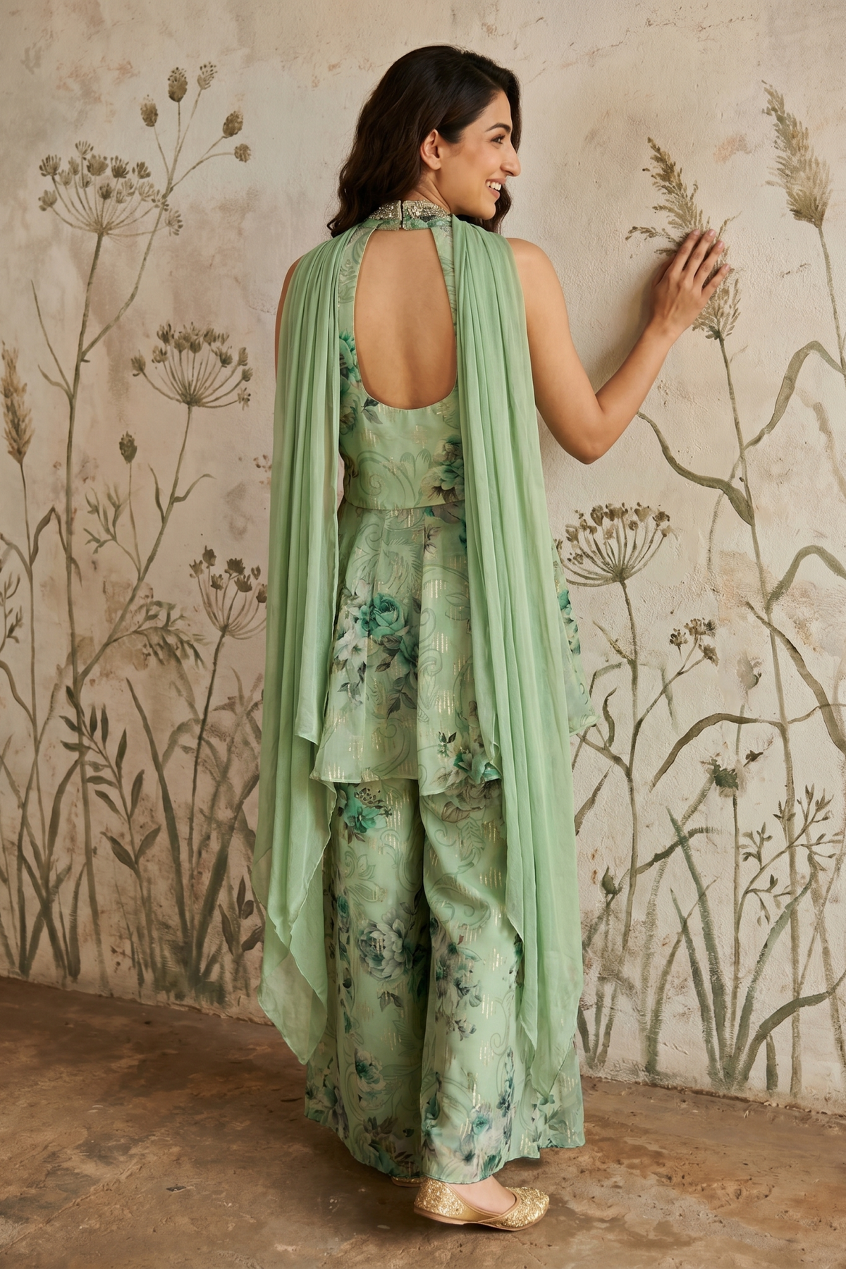 Mint Green Organza Peplum & Palazzo Set with Floral Print, Mirror & Kundan Work - Mokshaa