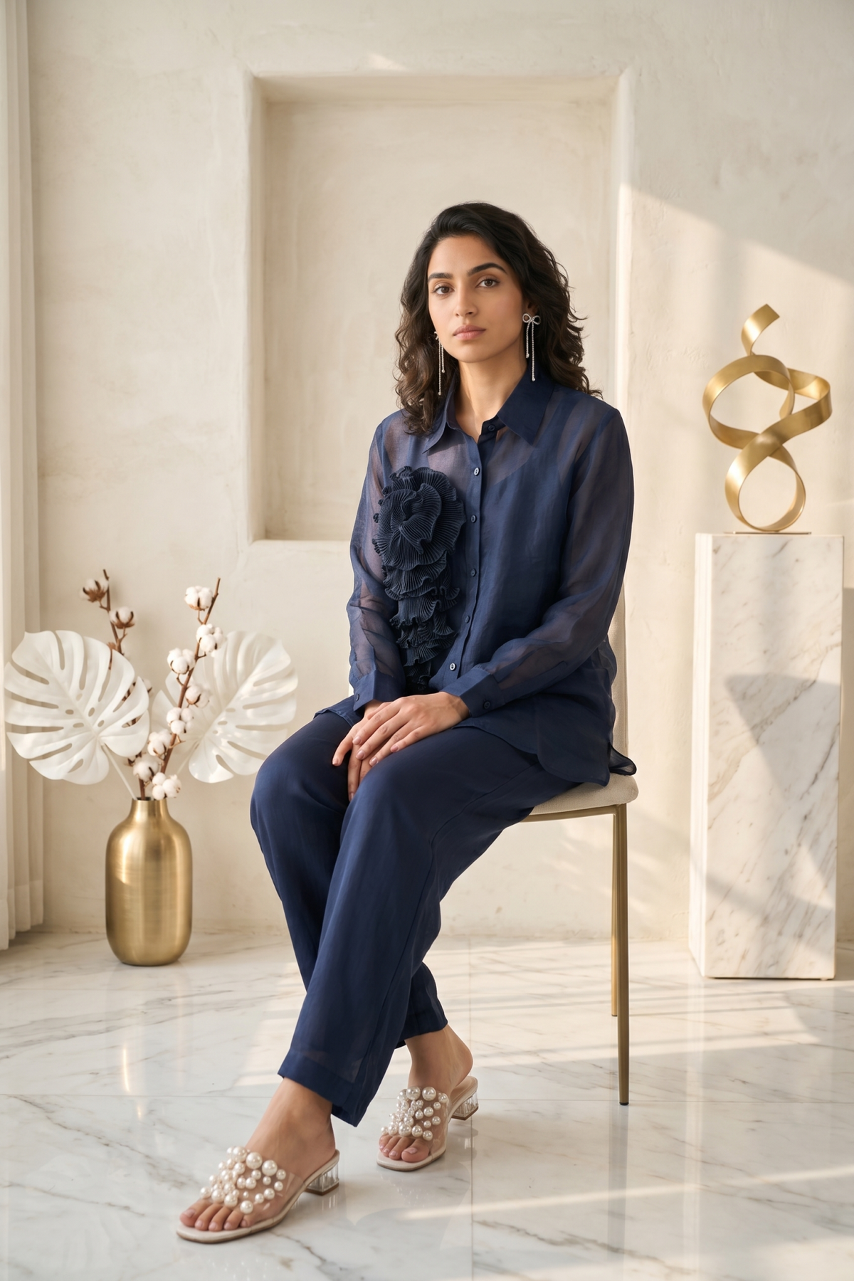 Navy Organza Co-ord Set with 3D Pleated Rose Appliqué - Mokshaa