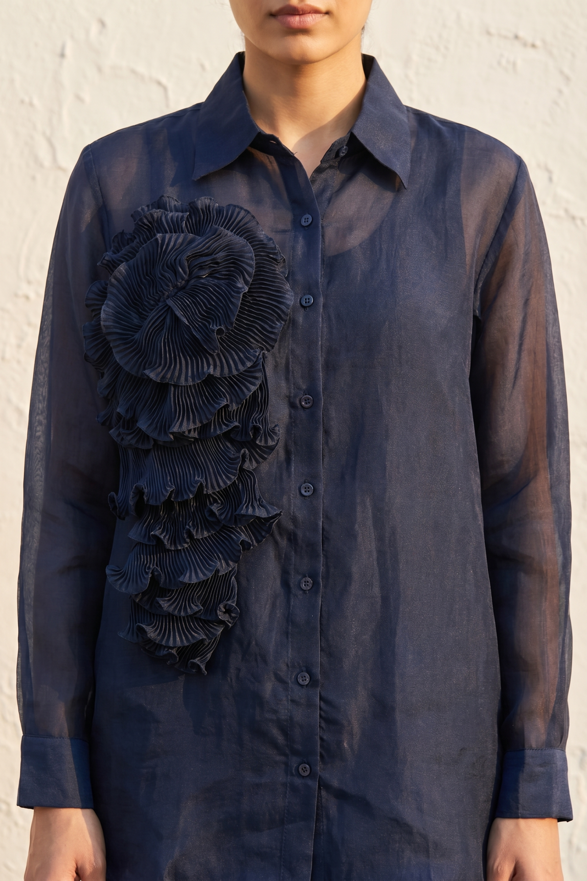 Navy Organza Co-ord Set with 3D Pleated Rose Appliqué - Mokshaa