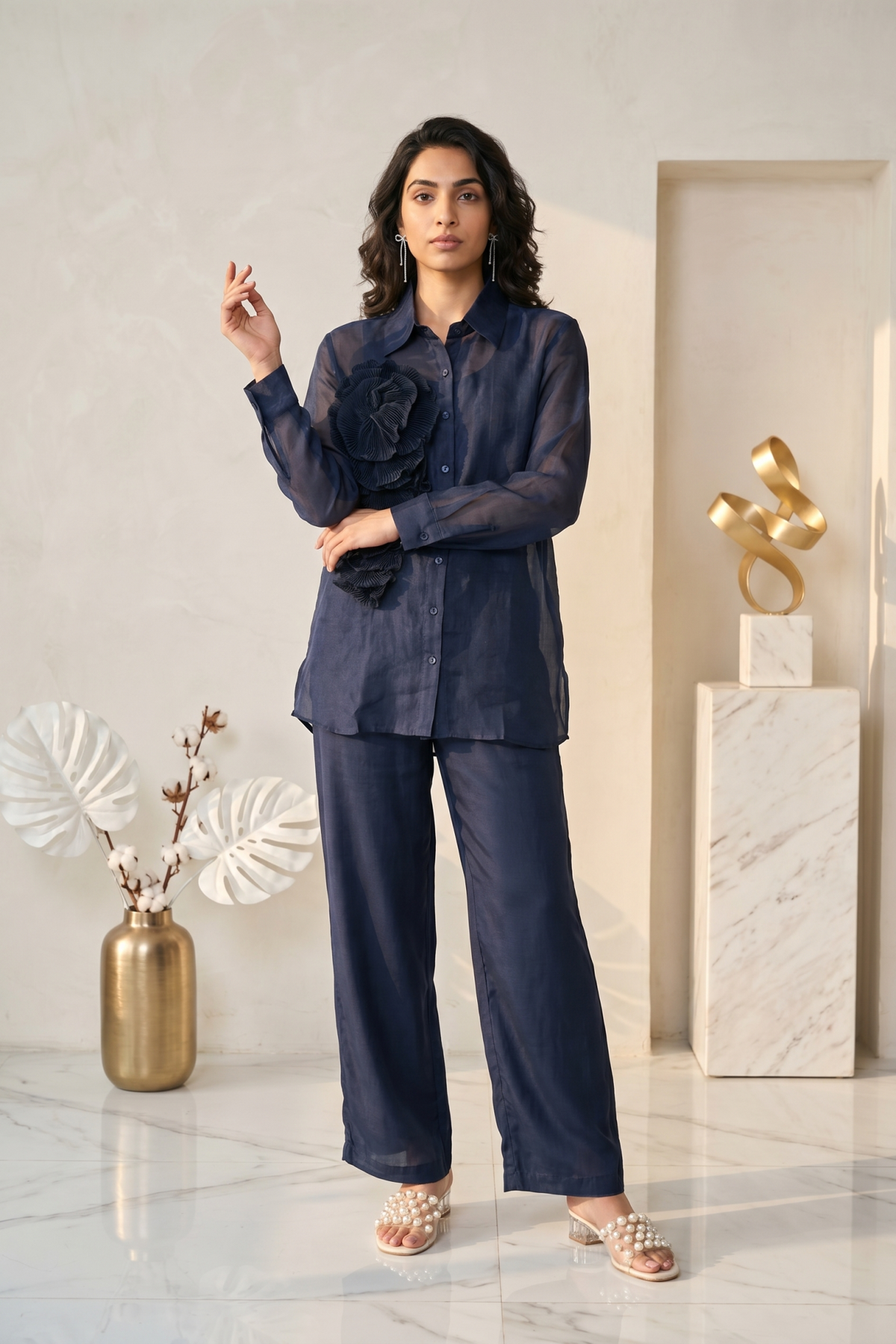 Navy Organza Co-ord Set with 3D Pleated Rose Appliqué - Mokshaa
