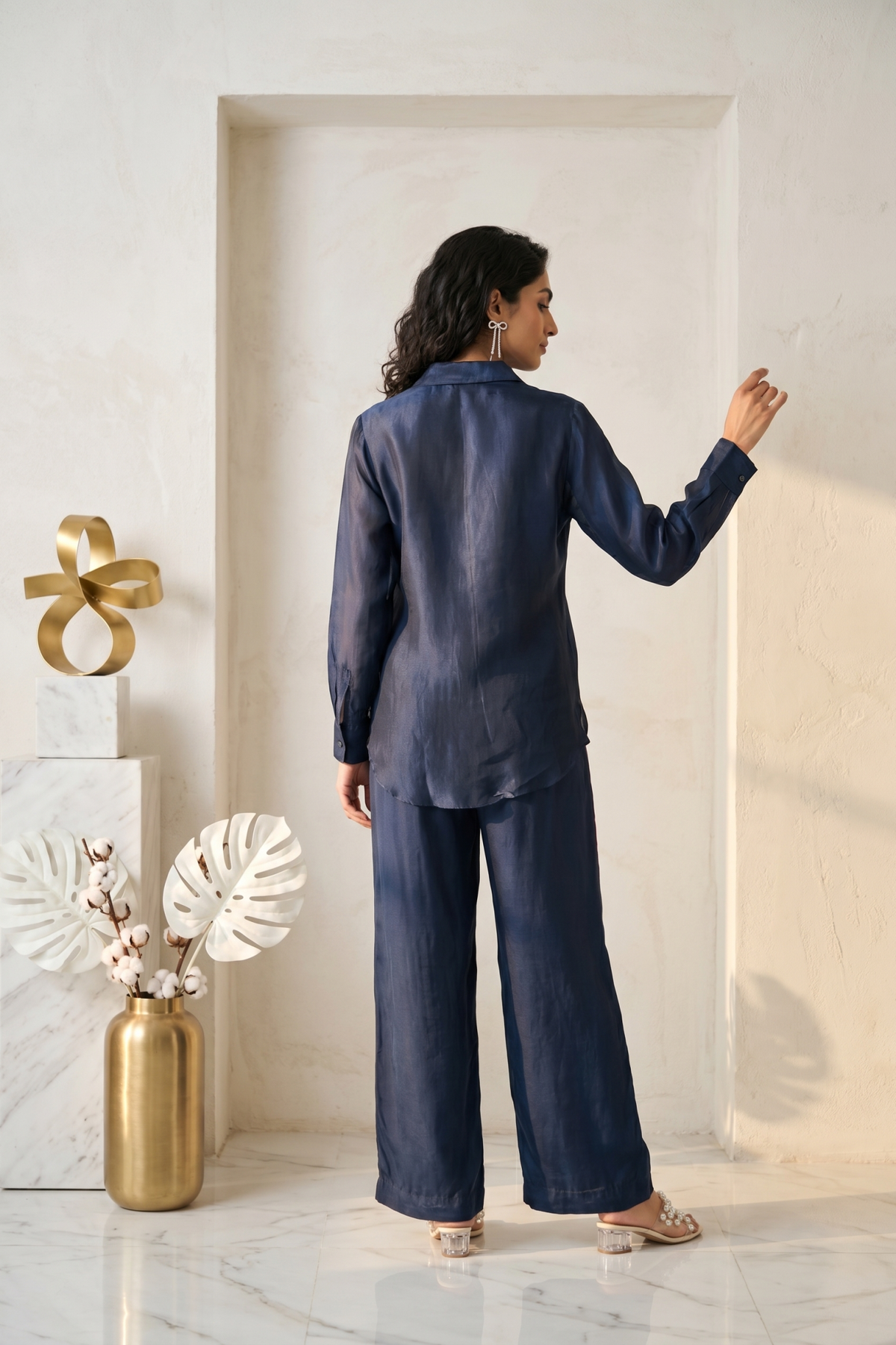 Navy Organza Co-ord Set with 3D Pleated Rose Appliqué - Mokshaa