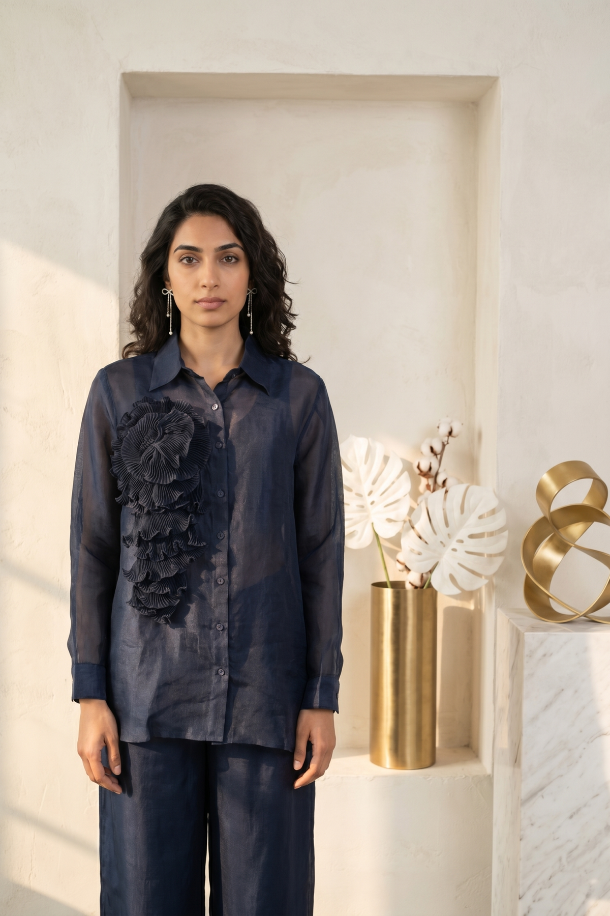 Navy Organza Co-ord Set with 3D Pleated Rose Appliqué - Mokshaa