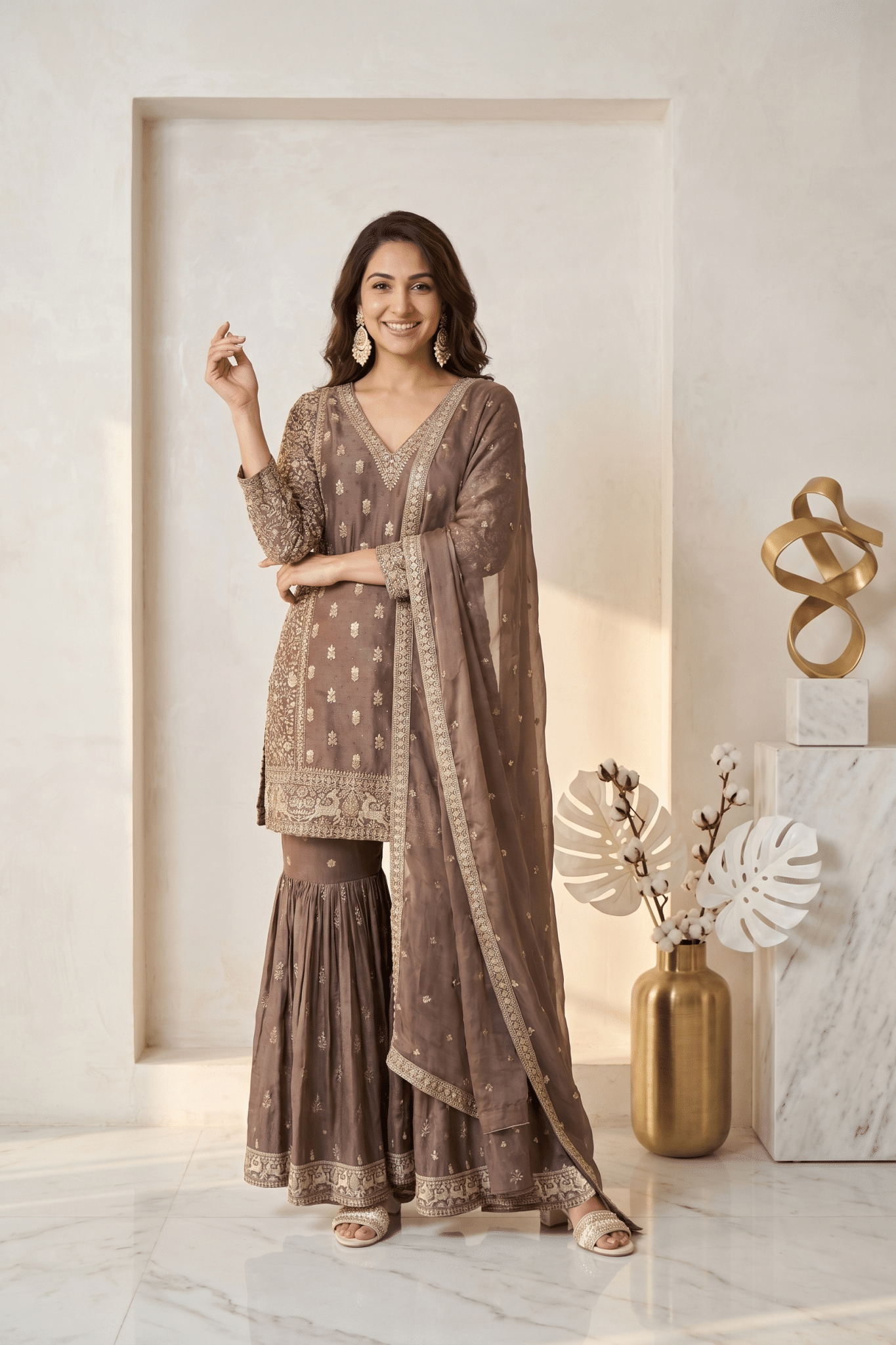 Taupe Brown Georgette Sharara Set