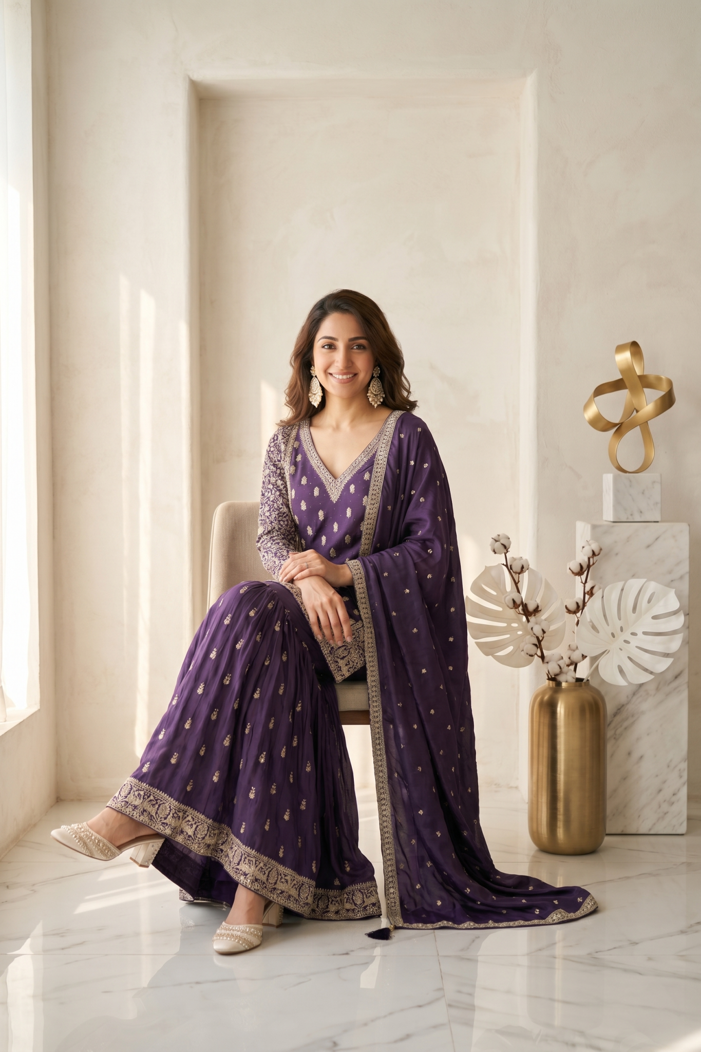 Purple Embroidered Georgette Sharara Set