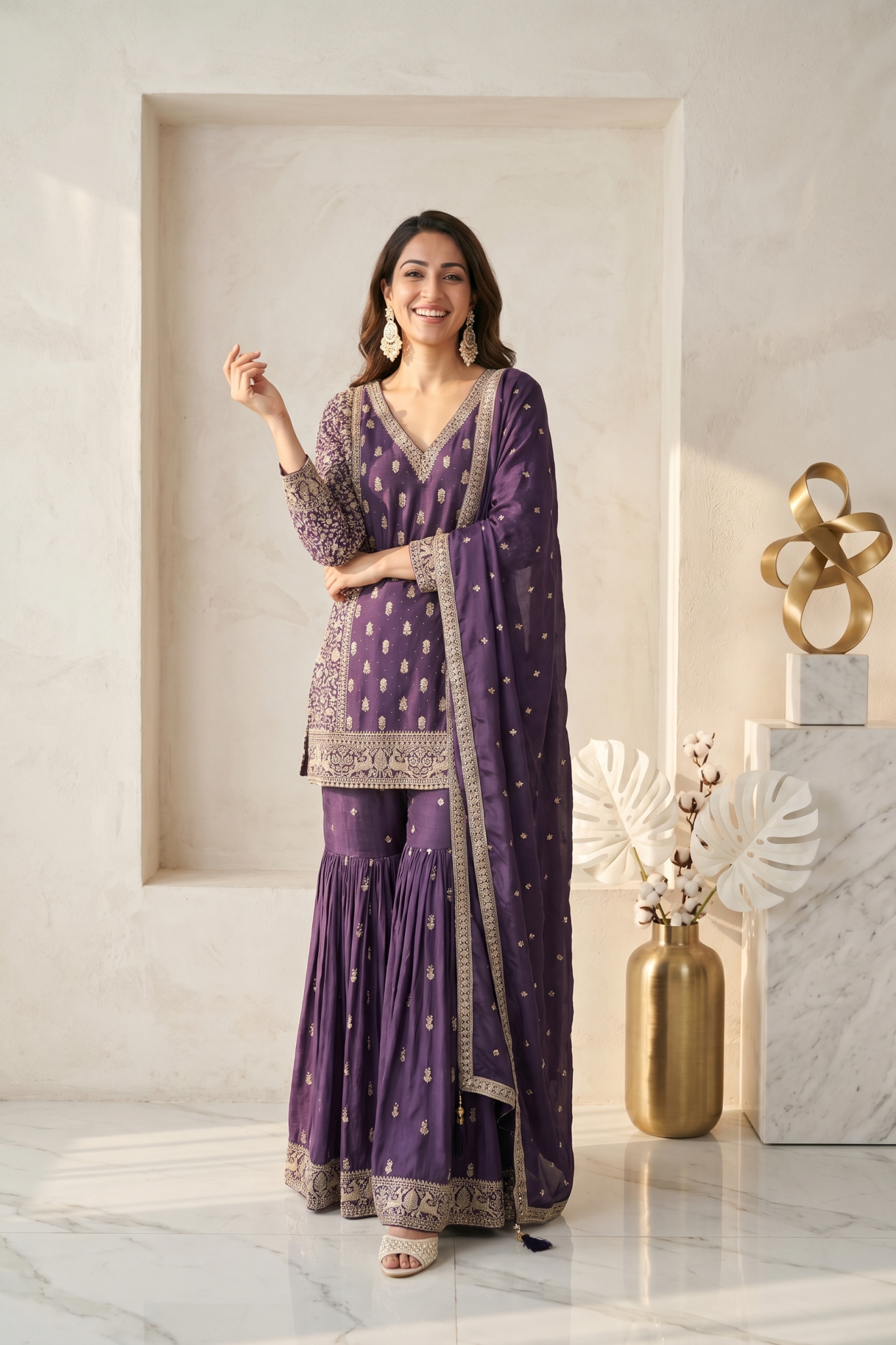 Purple Embroidered Georgette Sharara Set