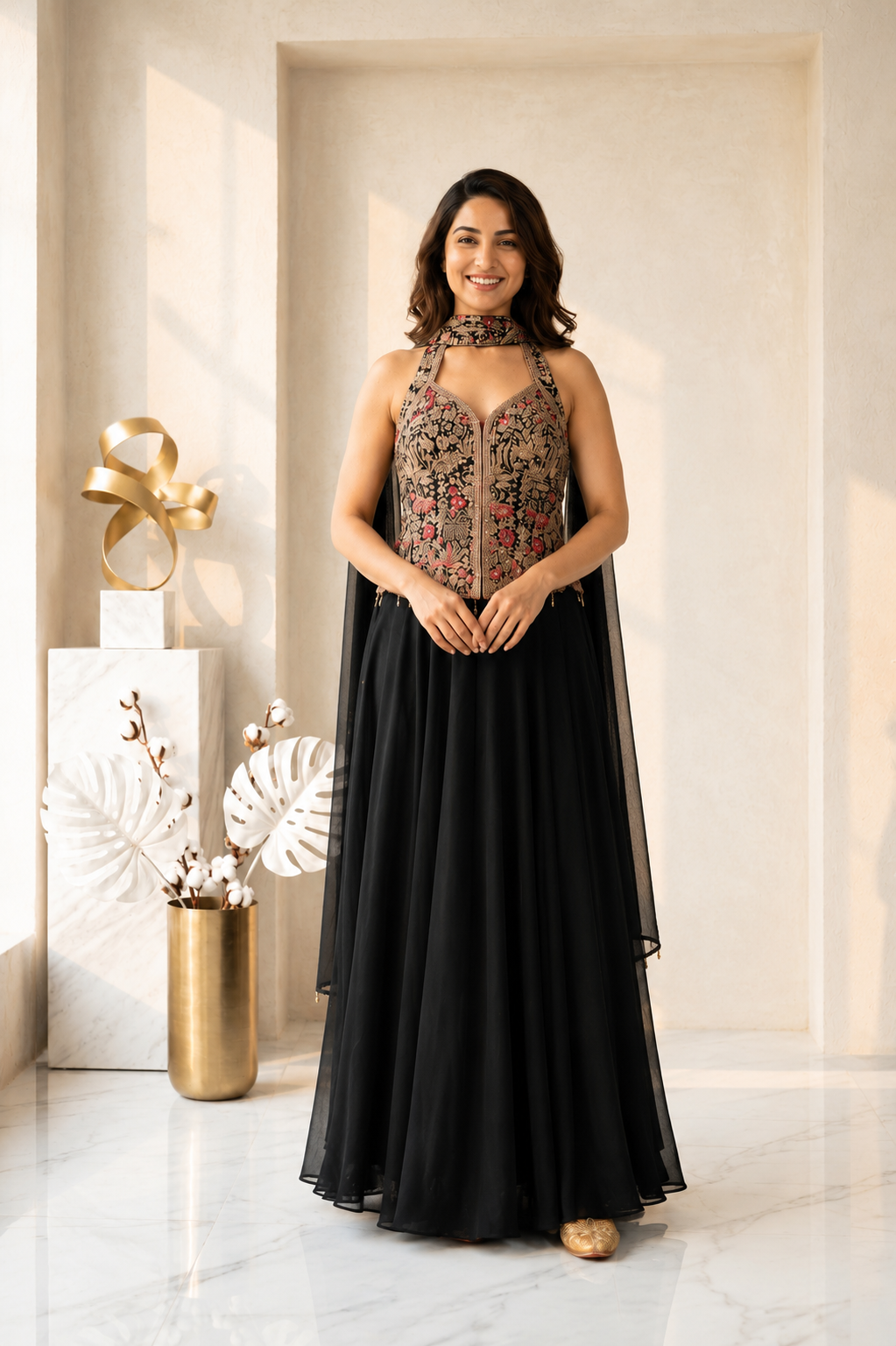 Black Georgette Zari-Embellished Indo Western Set - Mokshaa