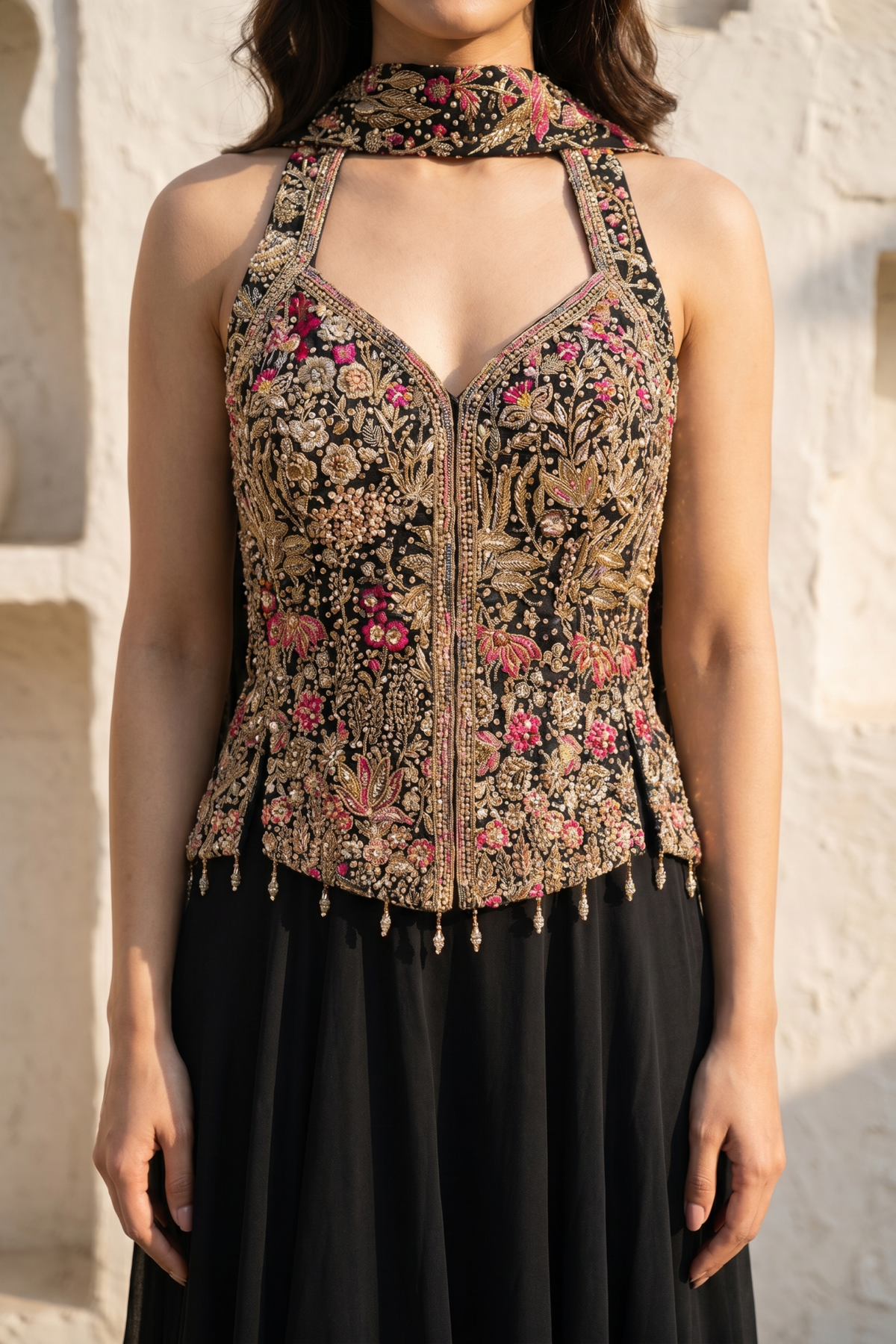 Black Georgette Zari-Embellished Indo Western Set - Mokshaa