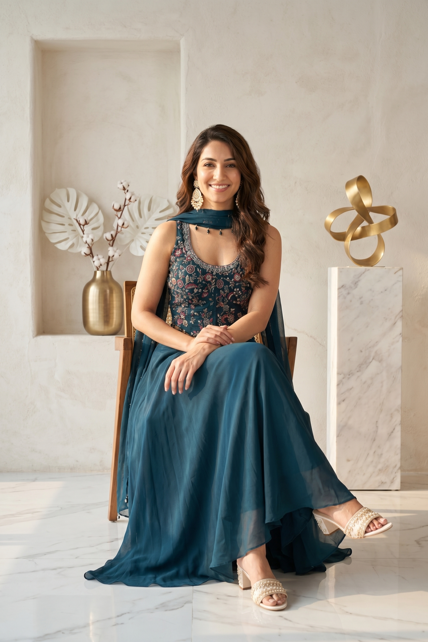 Teal Embroidered Georgette Indo-Western Set