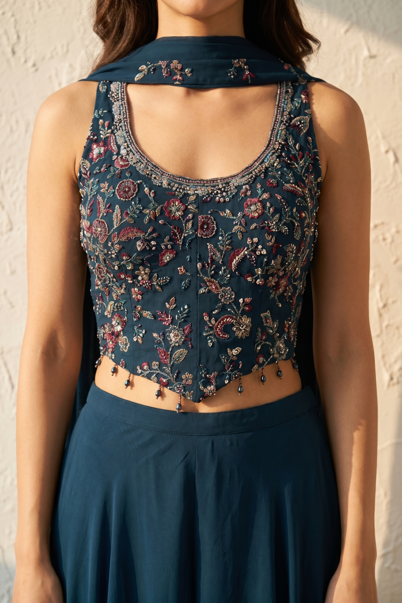 Teal Embroidered Georgette Indo-Western Set