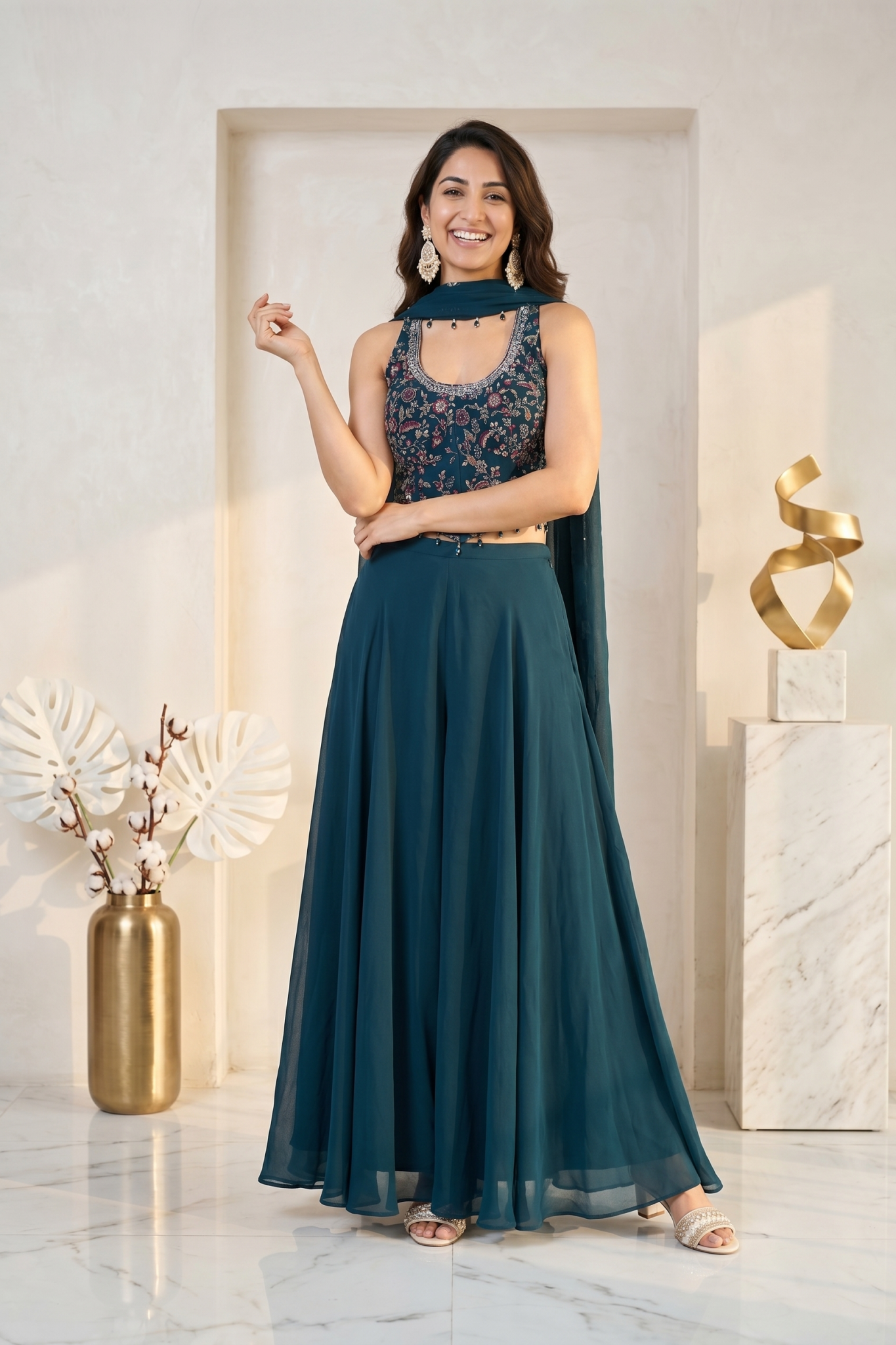 Teal Embroidered Georgette Indo-Western Set