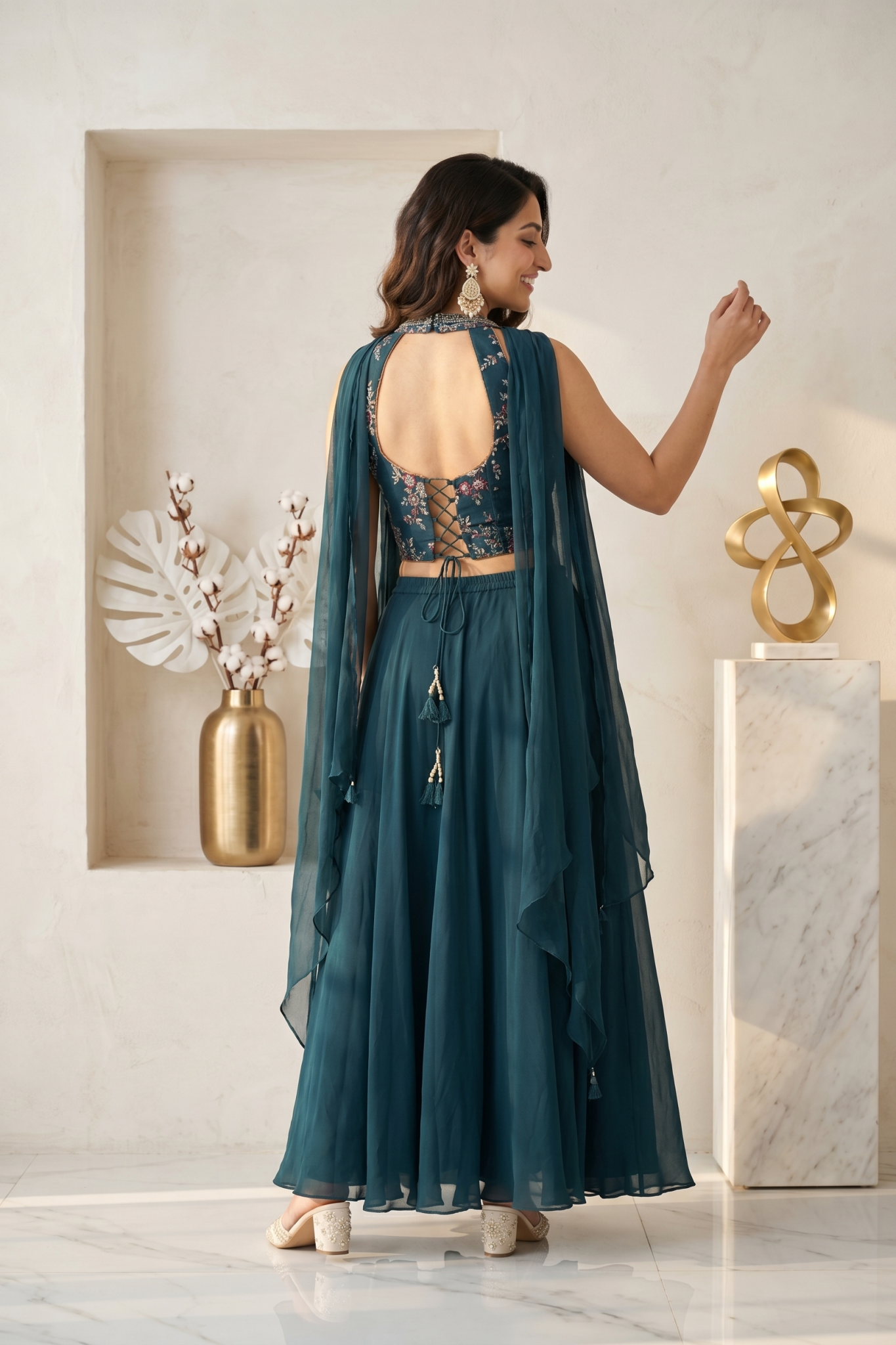 Teal Embroidered Georgette Indo-Western Set
