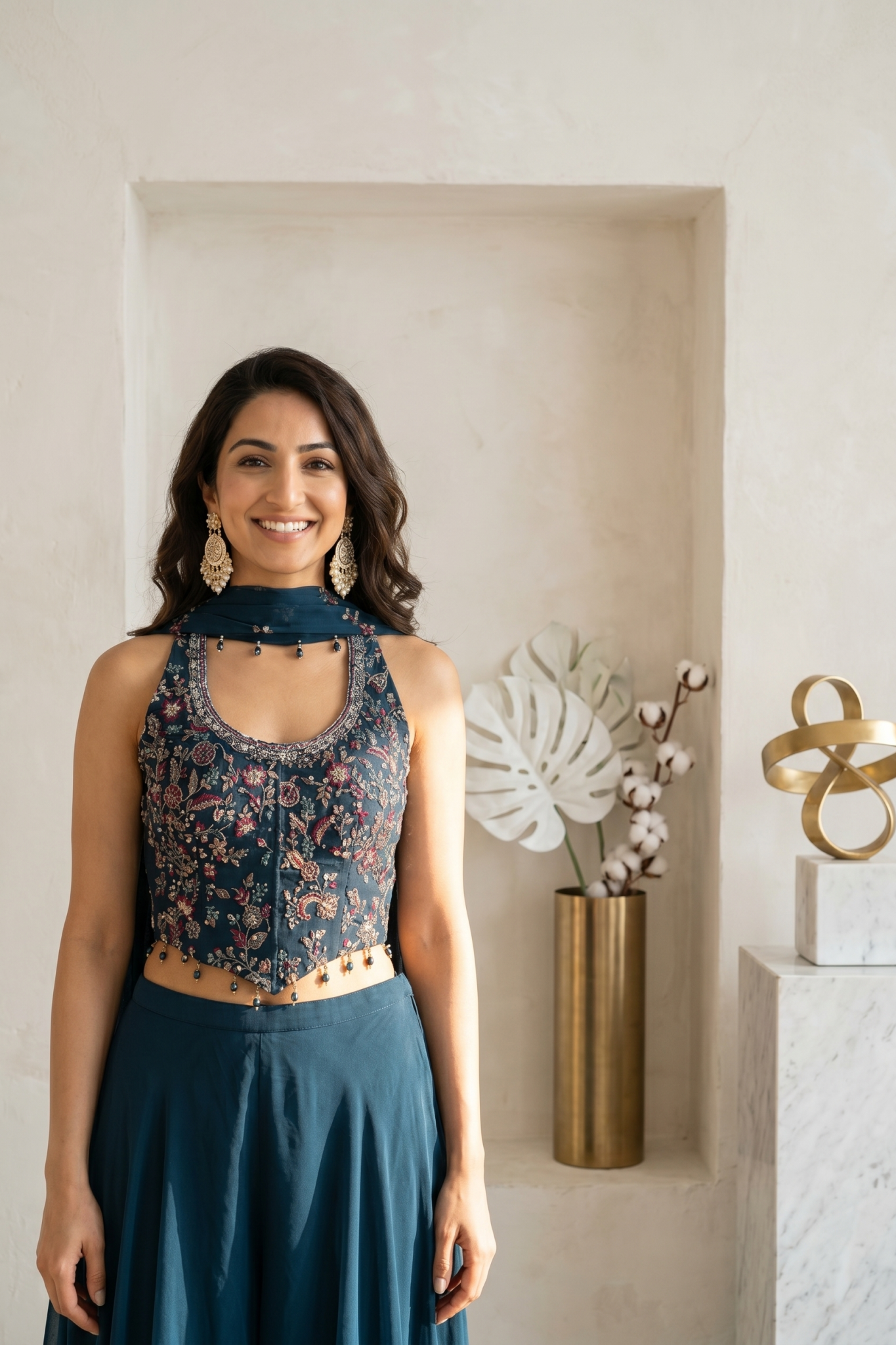 Teal Embroidered Georgette Indo-Western Set