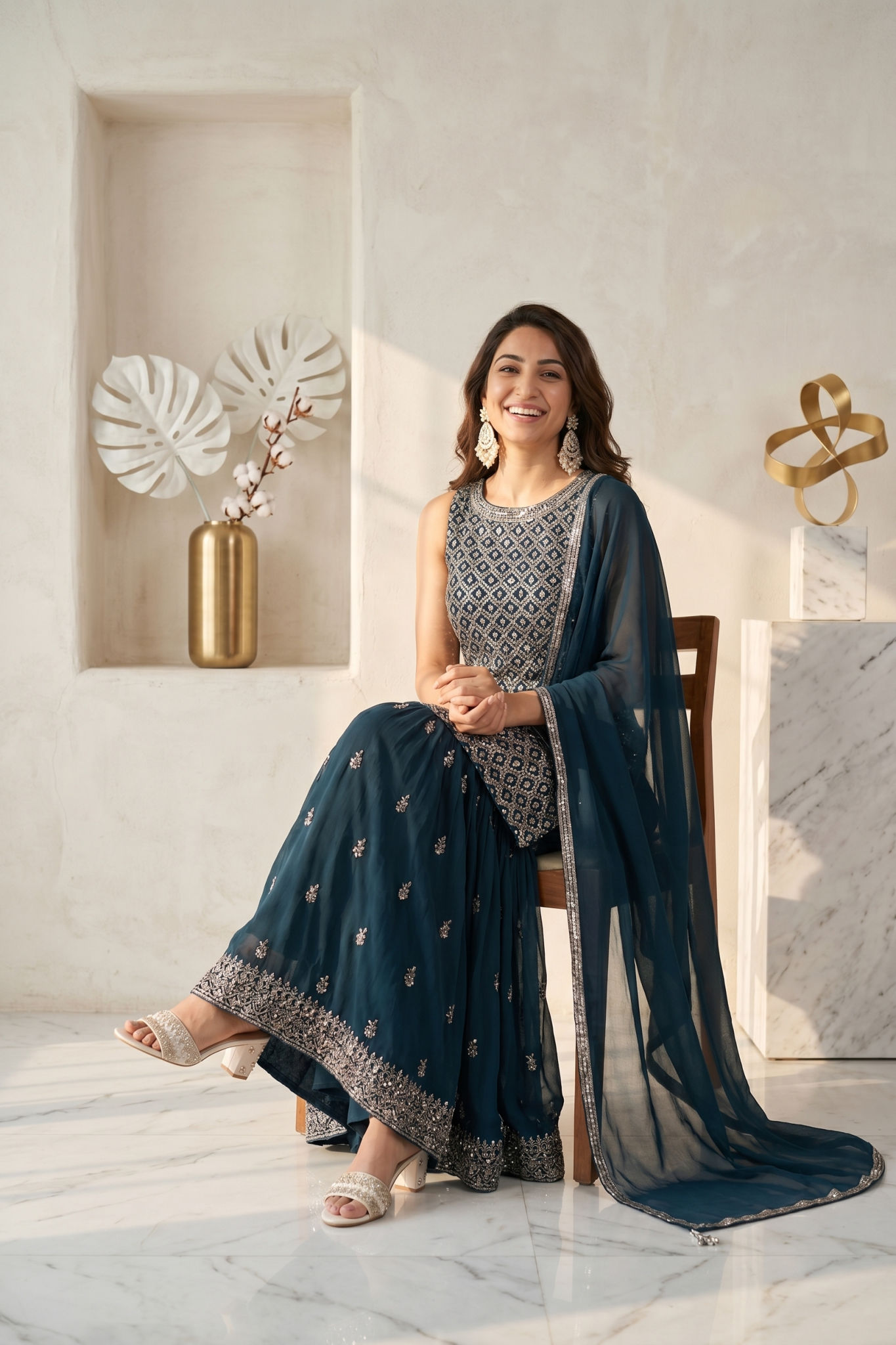 Teal Embroidered Georgette Sharara Set