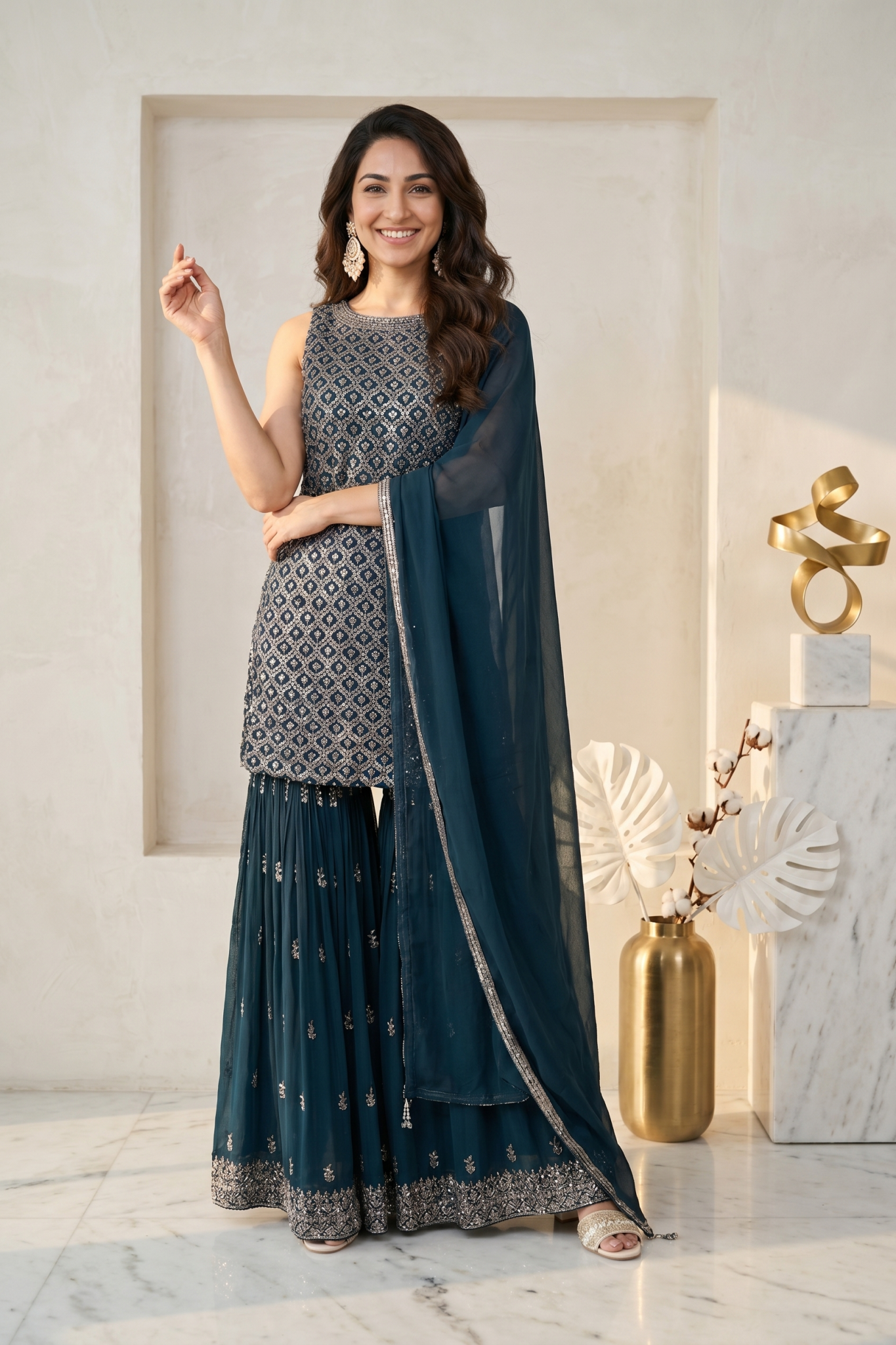 Teal Embroidered Georgette Sharara Set