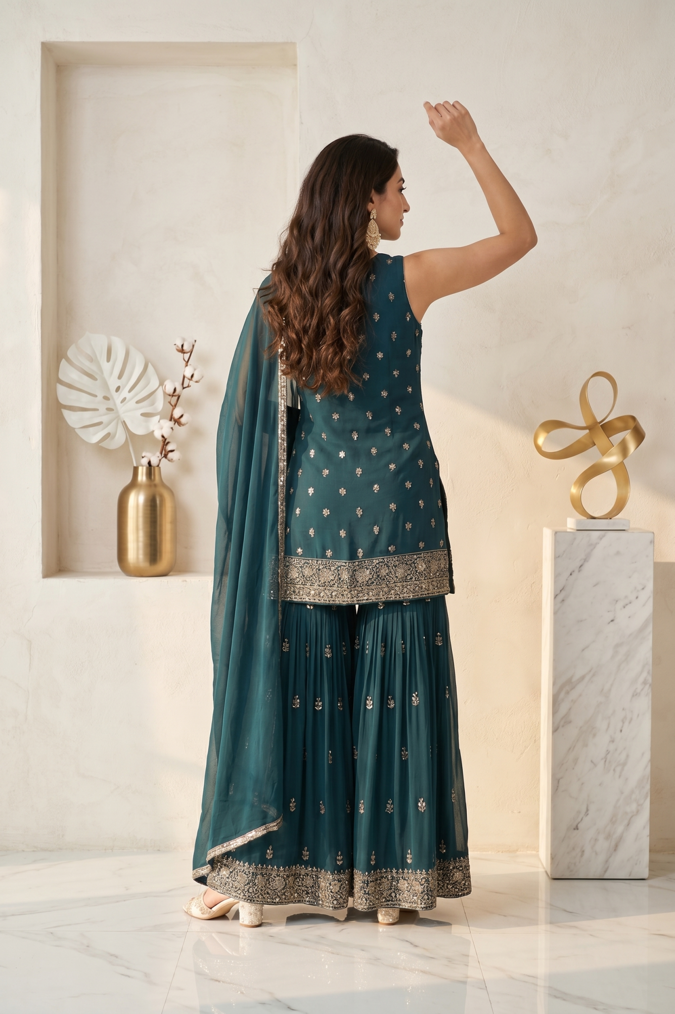 Teal Embroidered Georgette Sharara Set