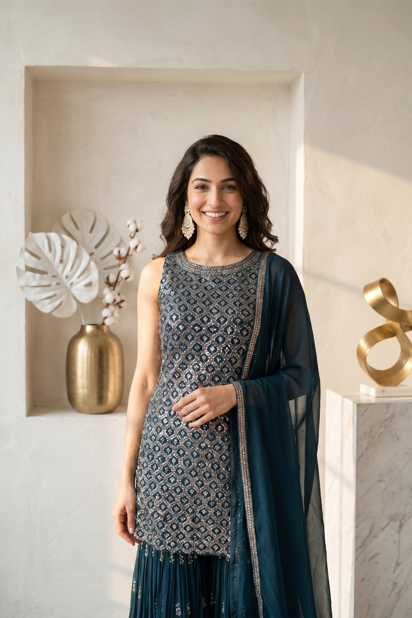 Teal Embroidered Georgette Sharara Set