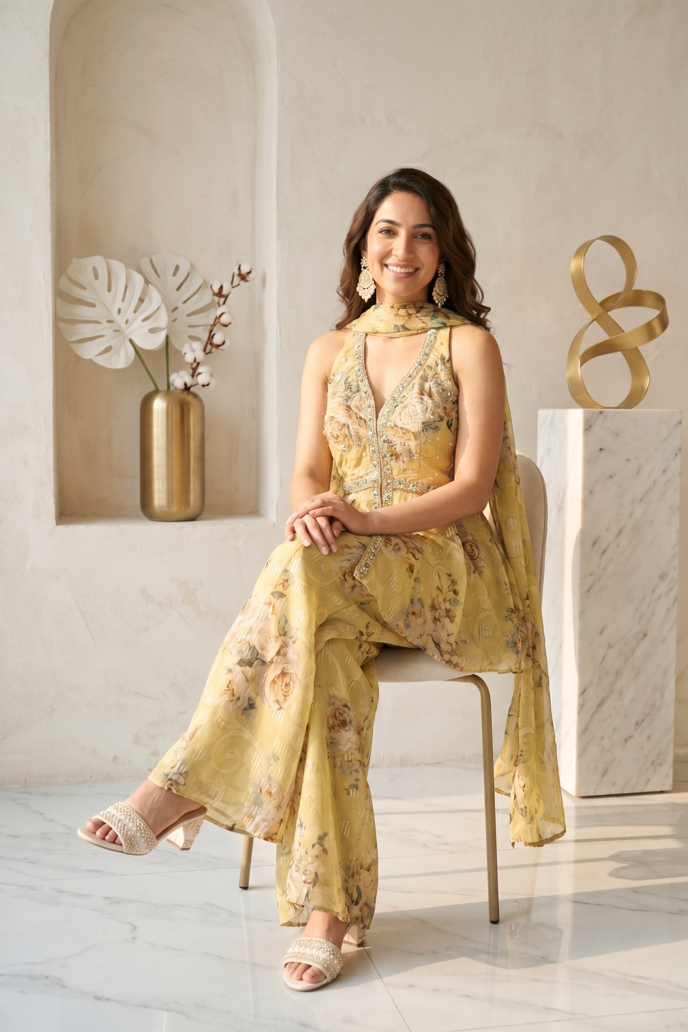 Yellow Floral Organza Indo-Western Set