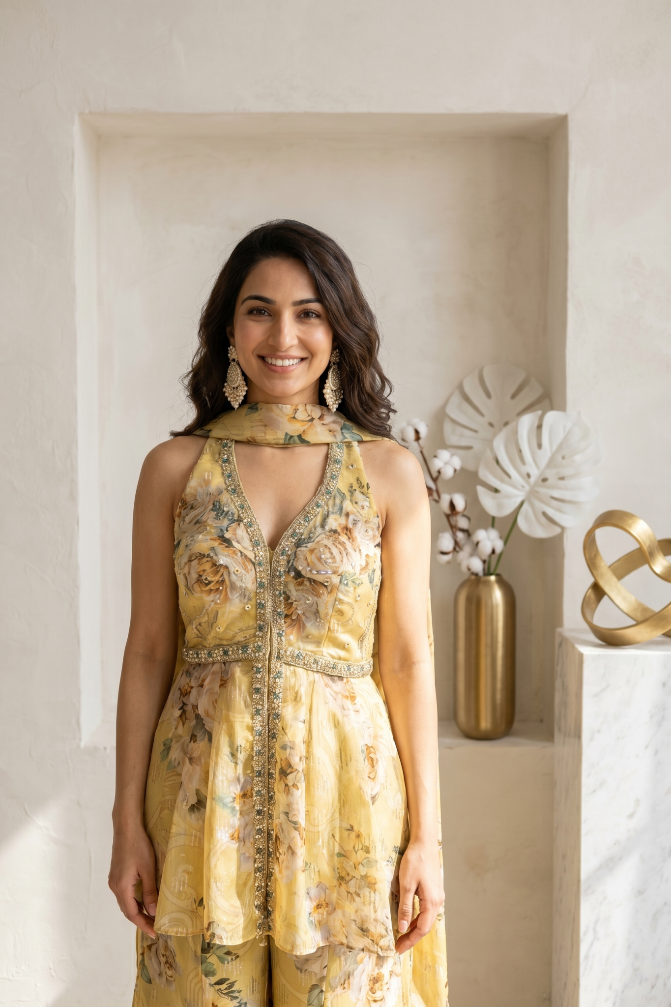 Yellow Floral Organza Indo-Western Set
