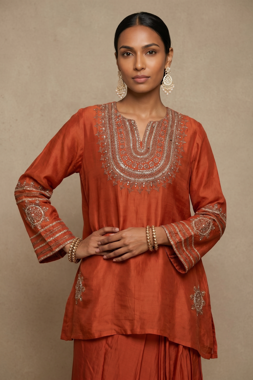 Rust Embroidered Organza Dhoti Set