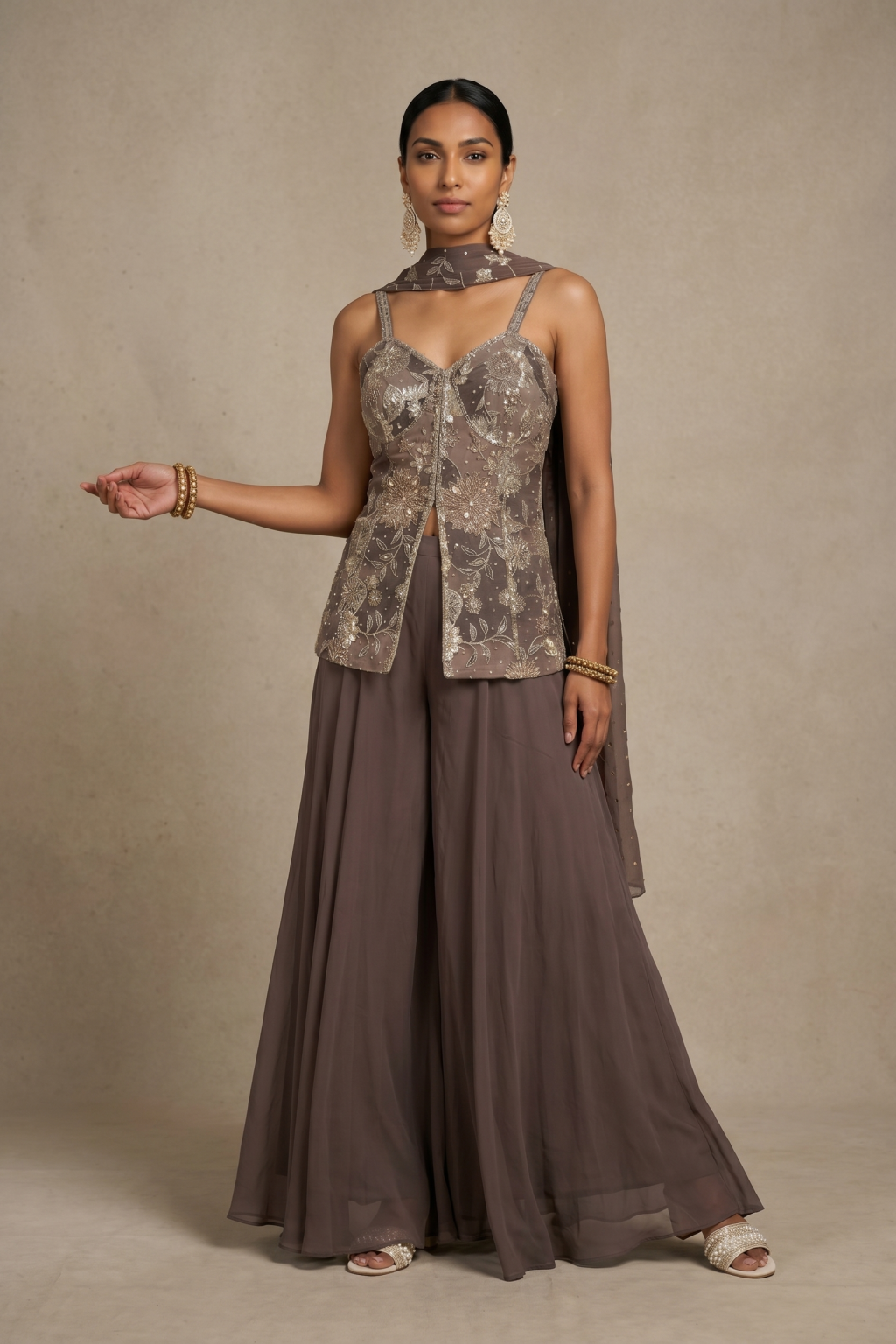 Taupe Grey Embroidered Sharara Set