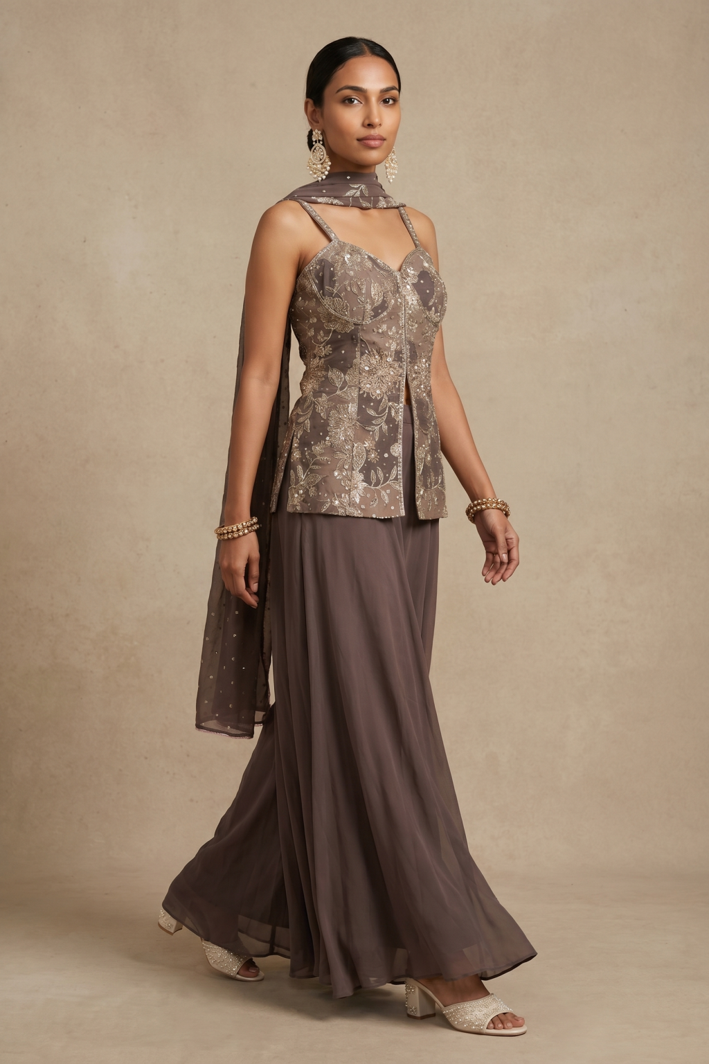 Taupe Grey Embroidered Sharara Set