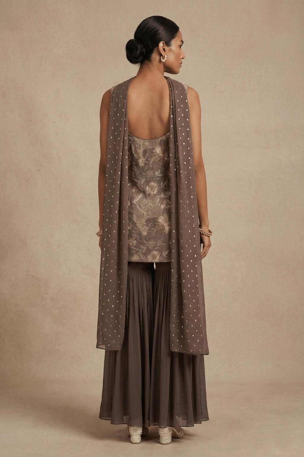 Taupe Grey Embroidered Sharara Set