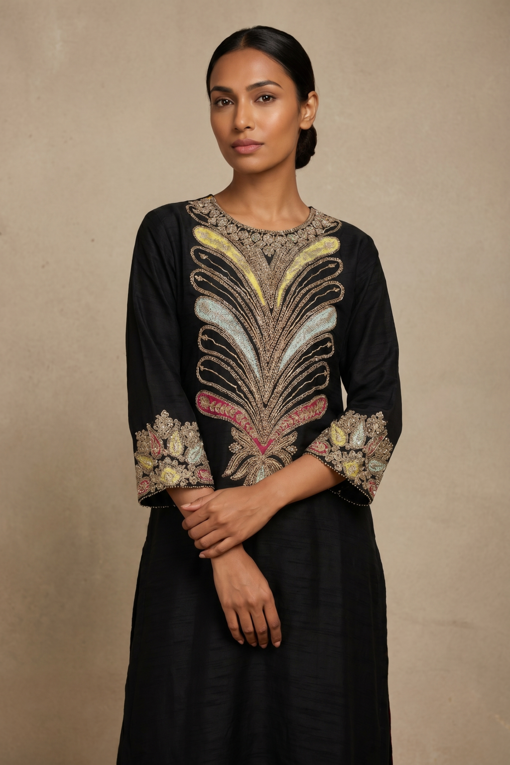 Black Silk Kurta Set with Multicolour Embroidery