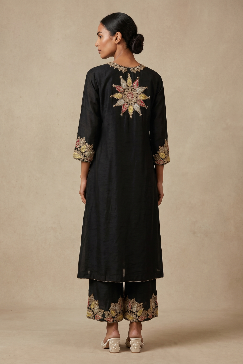 Black Silk Kurta Set with Multicolour Embroidery
