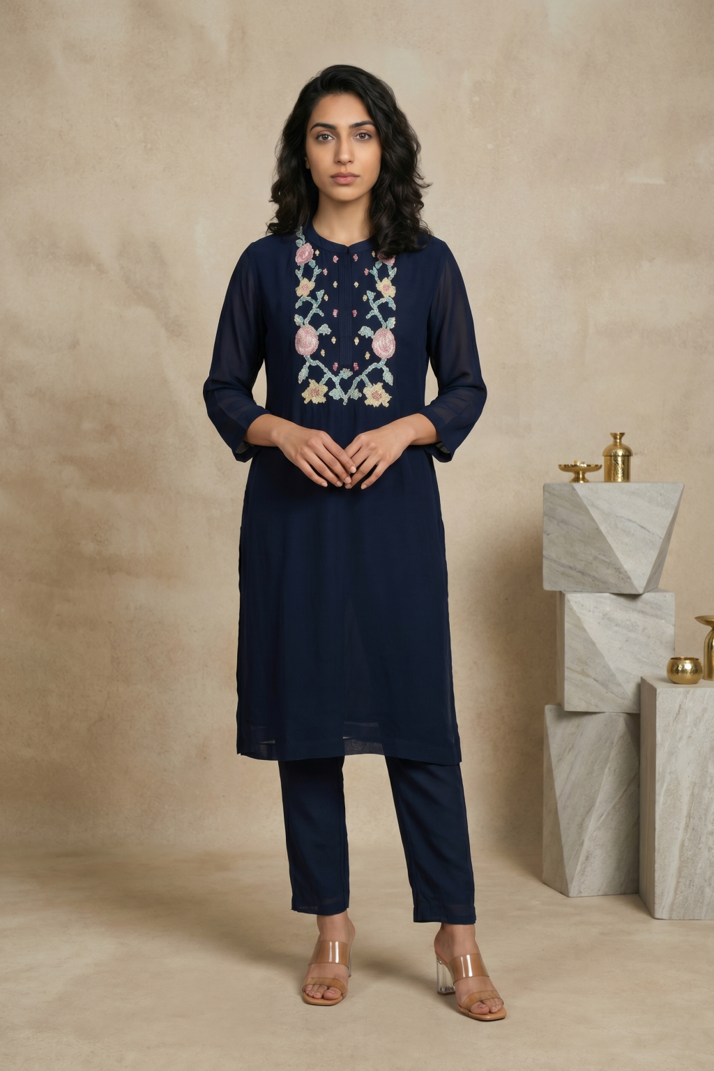 Navy Blue Floral Embroidered Kurti Set