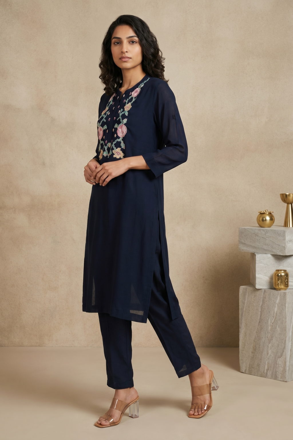 Navy Blue Floral Embroidered Kurti Set