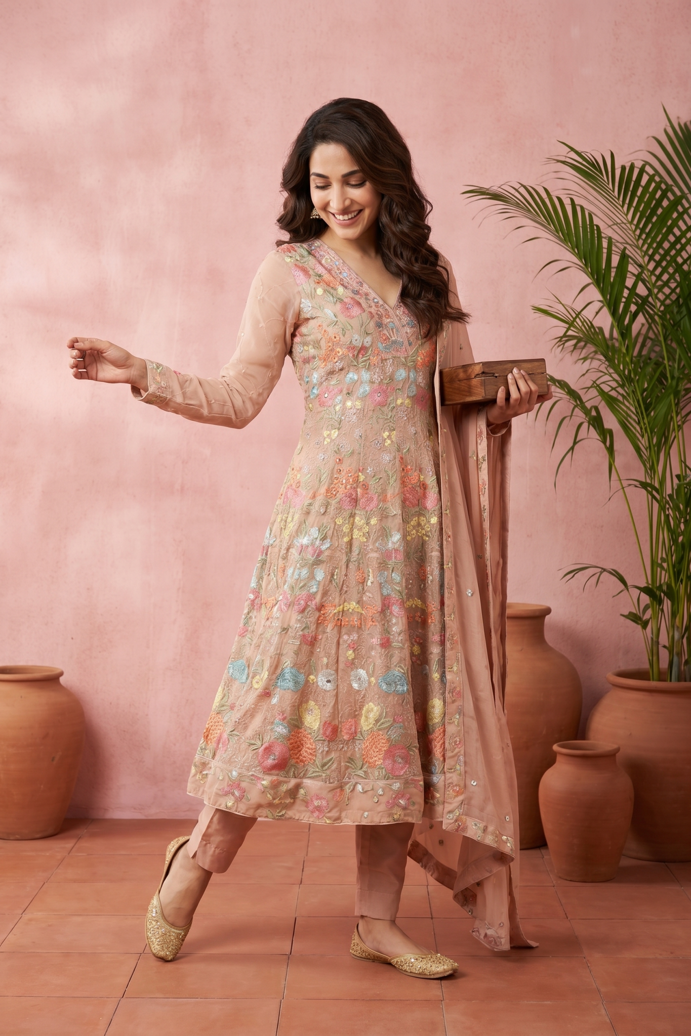 Peach Georgette Floral Embroidered Anarkali Set