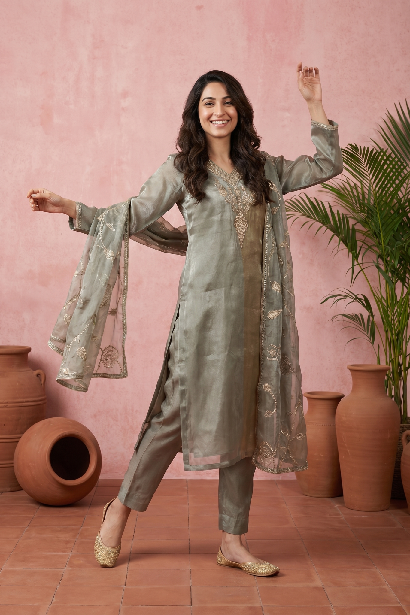 Gold Silver Tissue Organza Suit Set