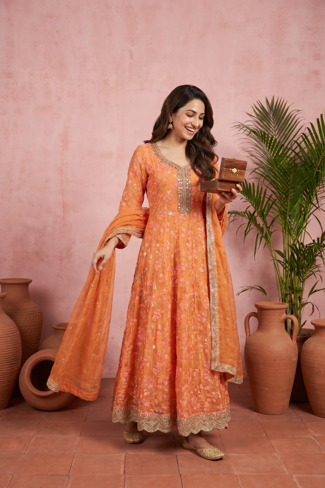 Orange Soft Organza Embroidered Anarkali Set
