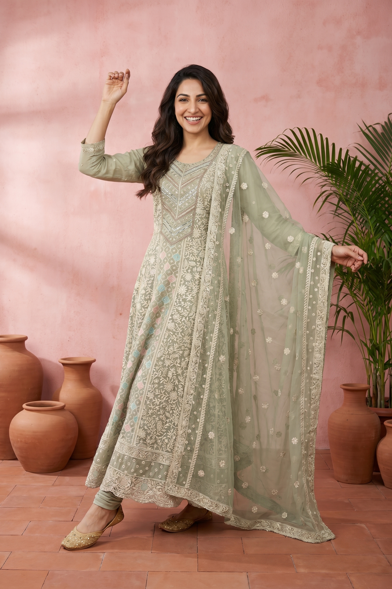 Pastel Green Lucknowi Anarkali Set