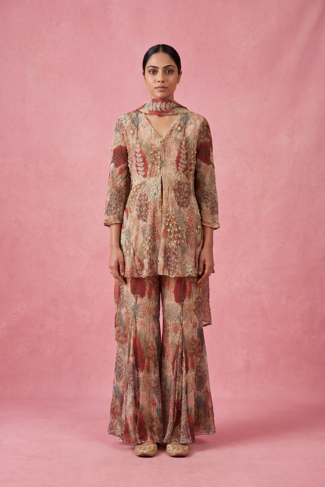 Blush Beige Floral Printed Sharara Set
