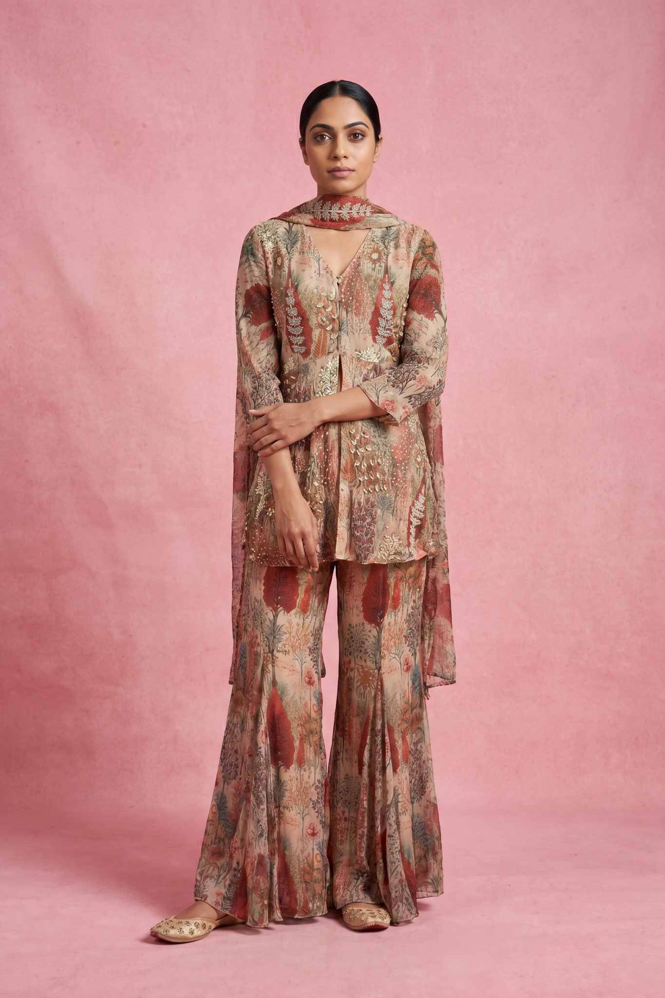Blush Beige Floral Printed Sharara Set