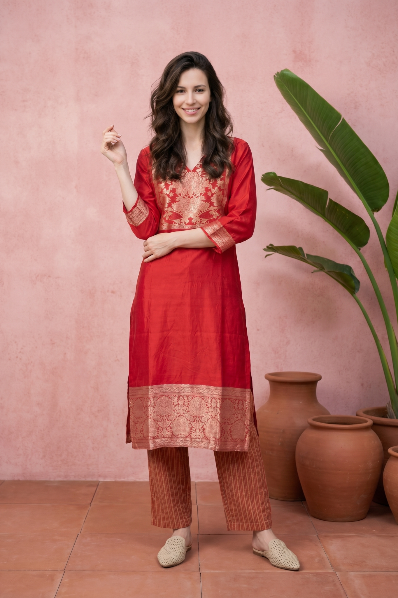 Red Silk Kurti Set with Woven Detailing