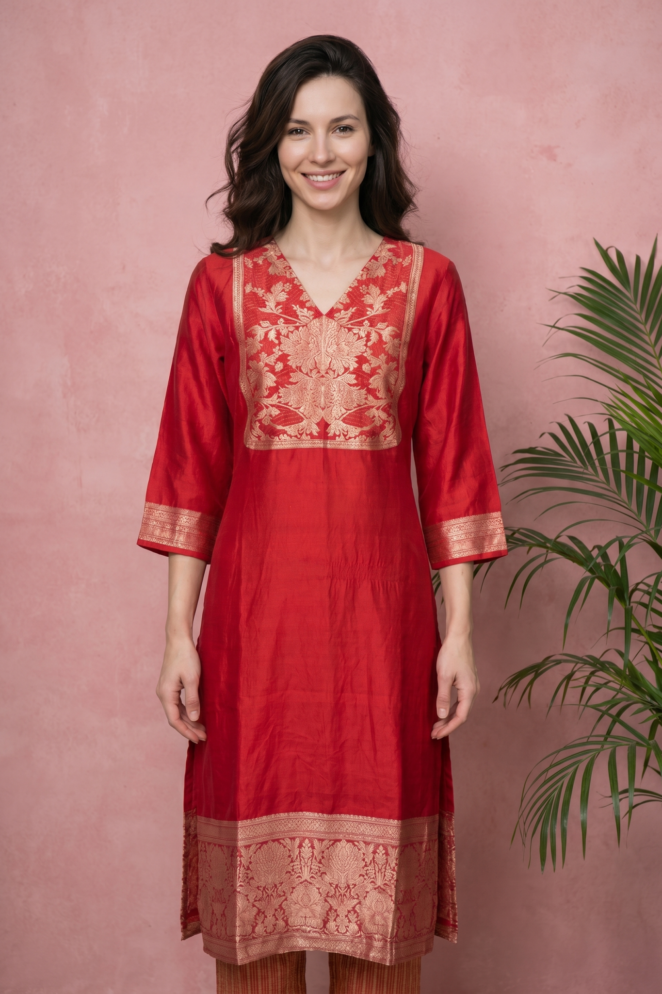 Red Silk Kurti Set with Woven Detailing